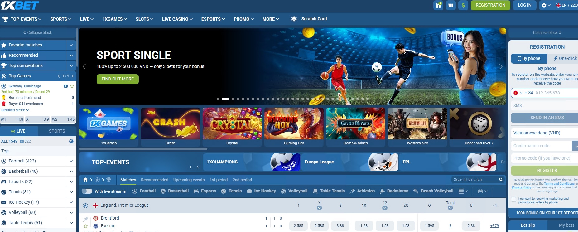 ภาพหน้าเว็บ 1xBet MY พร้อมโซนสปอร์ตบุ๊คและเกมเดิมพัน