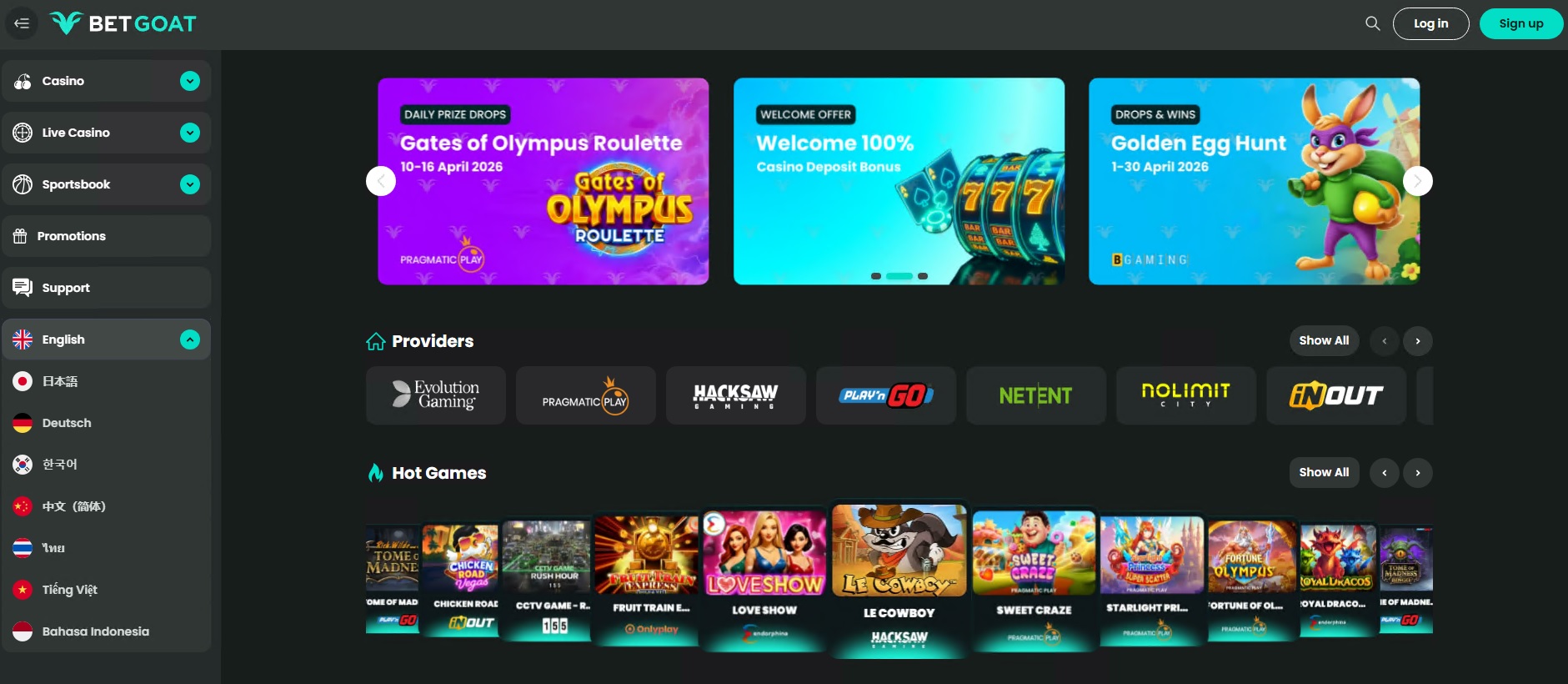 ภาพหน้าเว็บ BetGoat พร้อมโซนคาสิโนสด สปอร์ต และเกมคริปโต