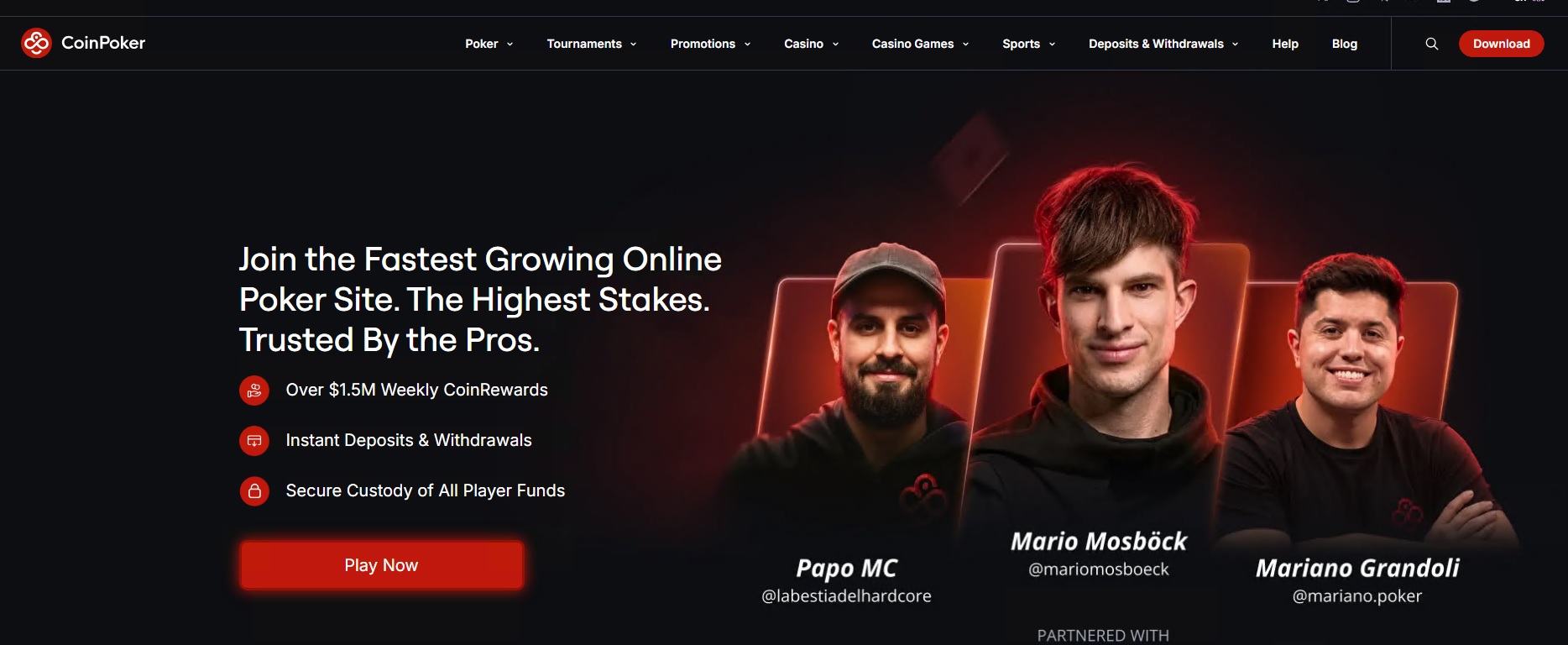 ภาพหน้าเว็บ CoinPoker พร้อมโป๊กเกอร์ คาสิโน และกีฬา