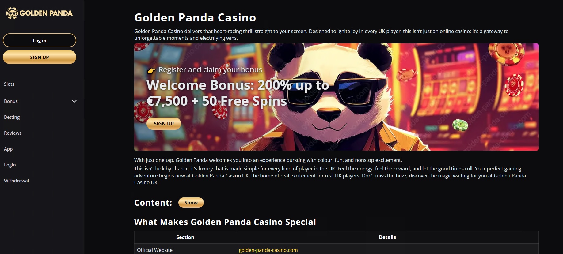 ภาพหน้าเว็บ Golden Panda พร้อมแบนเนอร์โบนัสและสล็อต