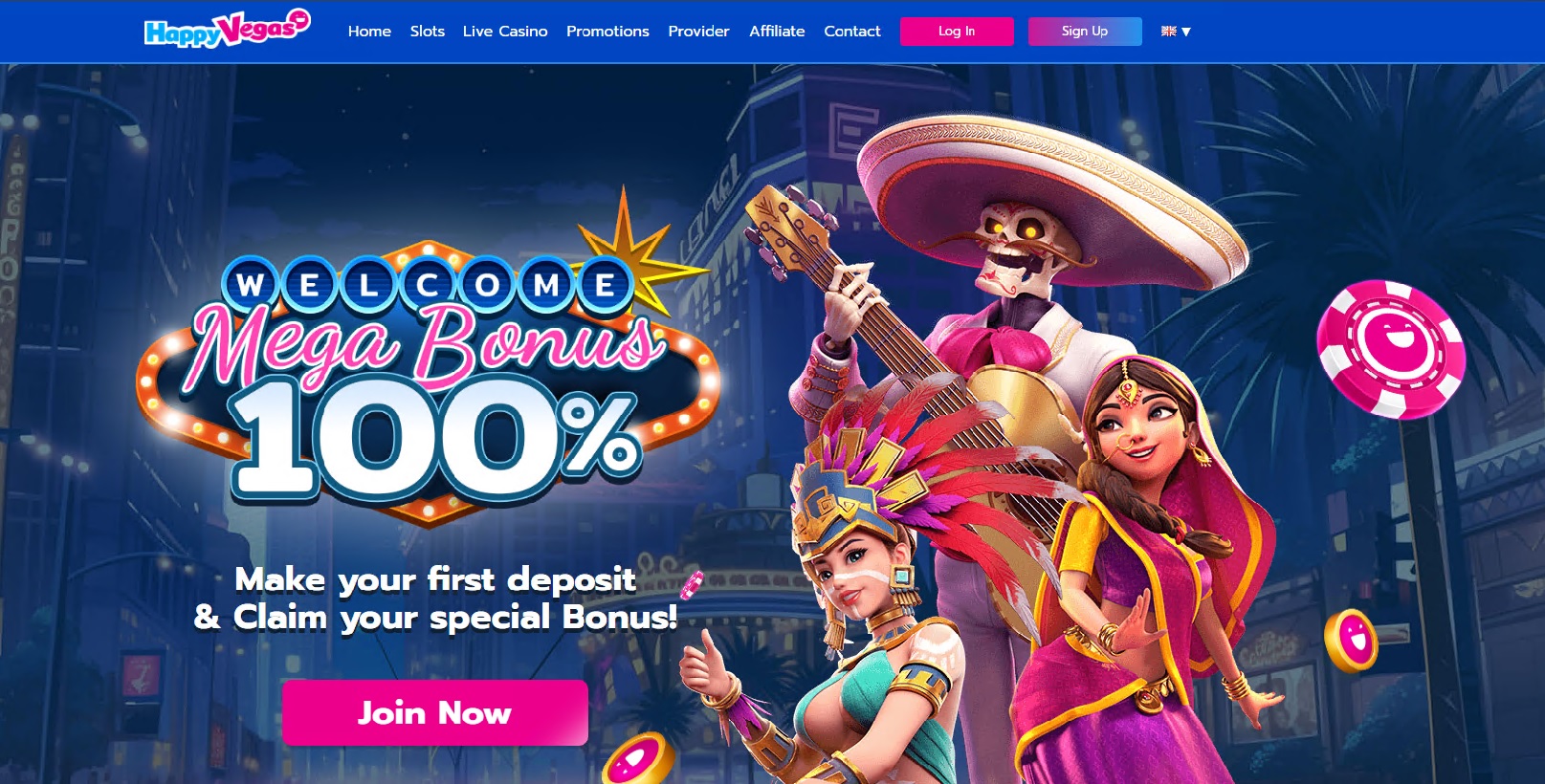 ภาพหน้าเว็บ Happy Vegas TH พร้อมหน้าโปรโมชันและสล็อต