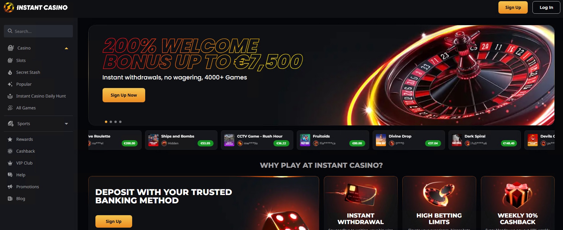 ภาพหน้าเว็บ Instant Casino พร้อมหน้าโปรโมชันและเกมสล็อต