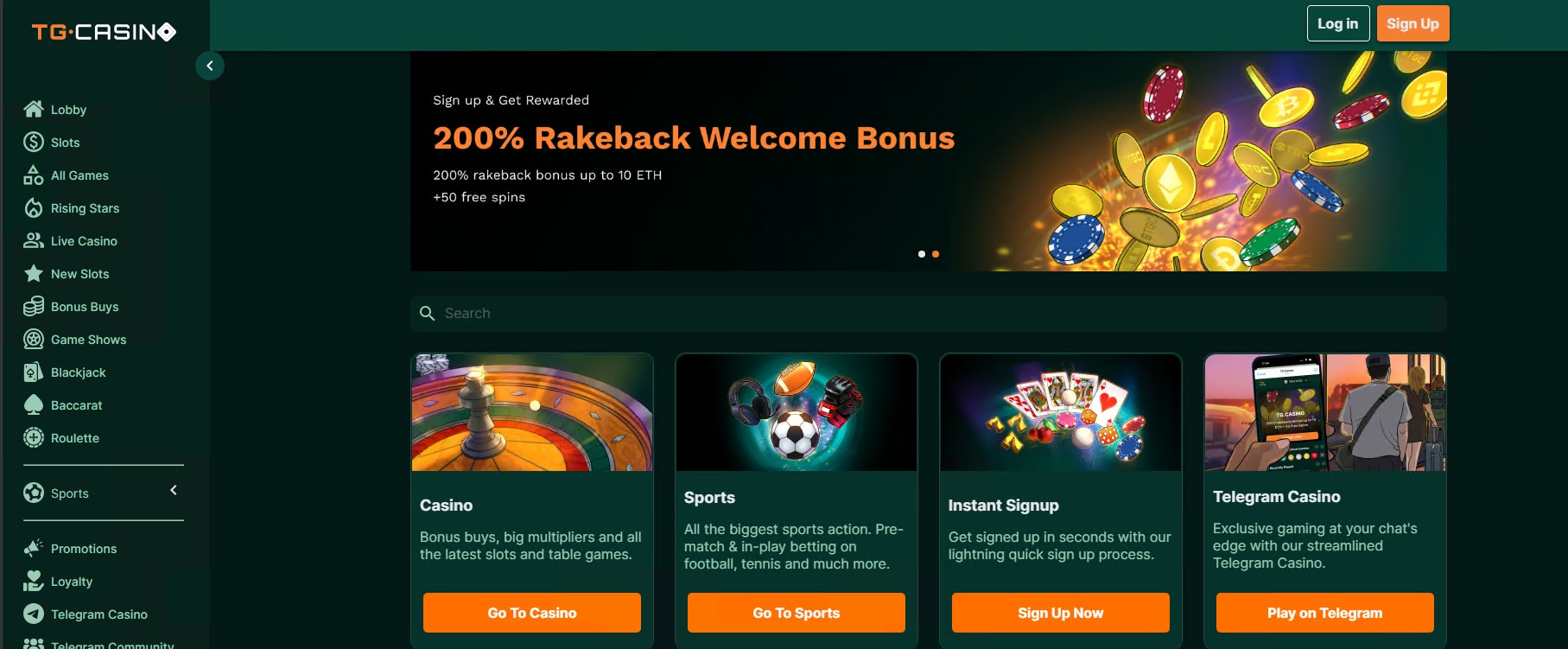ภาพหน้าเว็บ TG Casino พร้อมคาสิโนสด สปอร์ต และสมัครผ่านแชต