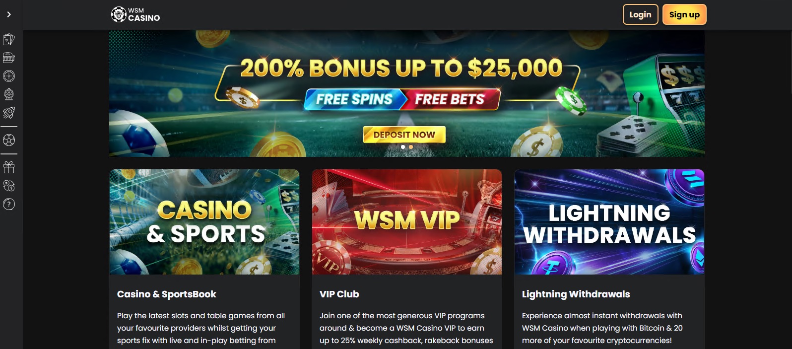 ภาพหน้าเว็บ WSM Casino สำหรับคาสิโนออนไลน์และโปรโมชัน